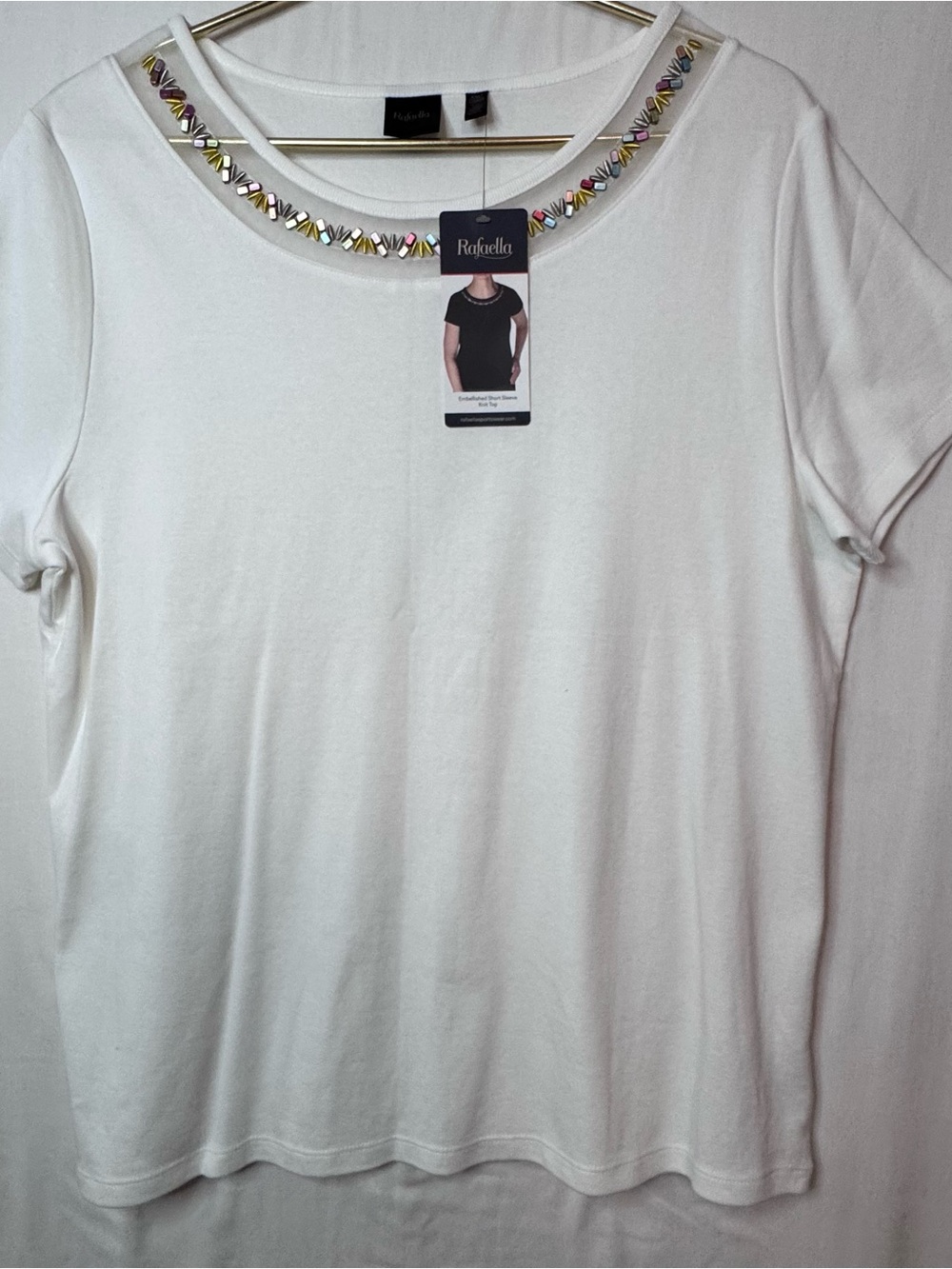 Rafaella White Short-Sleeve Scoop Neck Top with Multicolor Beading